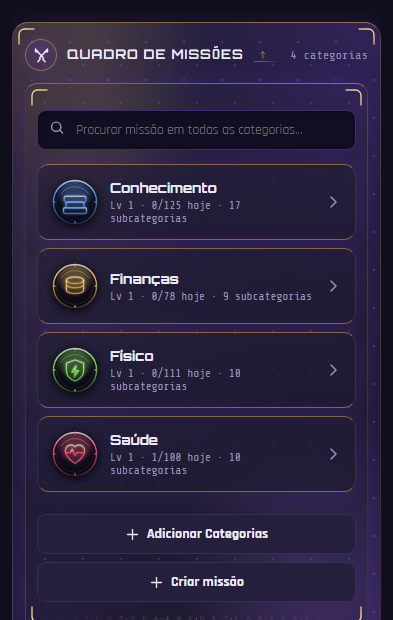 Quests screen in the app: your active Categories and the quest board